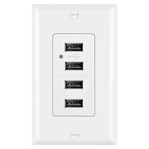 BESTTEN 4.2A/21W USB Receptacle Outlet with 4 High-Speed USB Charging Ports and LED Indicator, Wall Plate Included, UL Listed, White