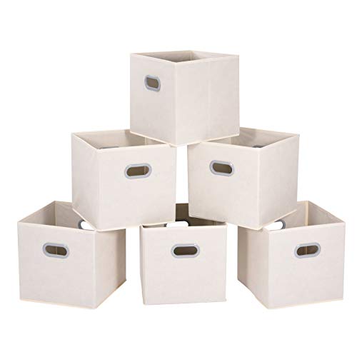 MaidMAX Cloth Storage Bins Cubes Baskets Containers with Dual Plastic Handles for Home Closet Bedroom Drawers Organizers, Foldable, Beige, 12×12×12″, Set of 6