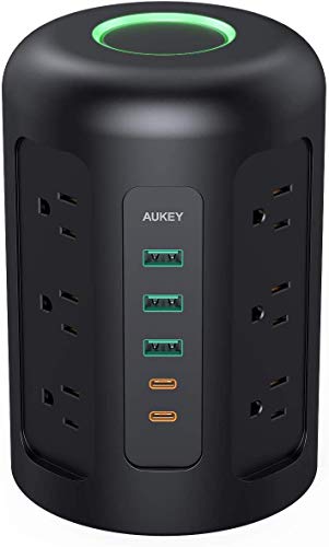 AUKEY Power Strip Tower, Surge Protector with 2 USB C Ports, 3 USB Ports, 12 AC Outlets and 5ft Power Cable, Charging Station for Smartphone Tablet Laptops Power Banks Home Office