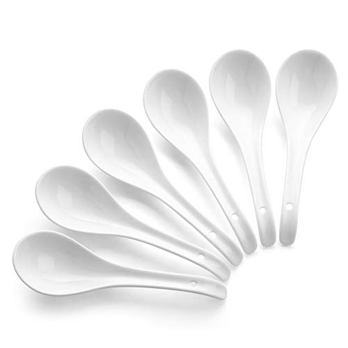 DOWAN Asian Soup Spoons, Ceramic Chinese Japanese Spoons 6 Sets for Ramen Pho Wonton Dumpling Miso, White