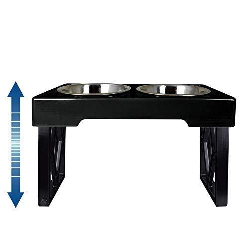 Pet Zone Designer Diner Adjustable Elevated Dog Bowls - Adjusts to 3 Heights, 2.75”, 8', 12'' (Raised Dog Dish with Double Stainless Steel Bowls) Black