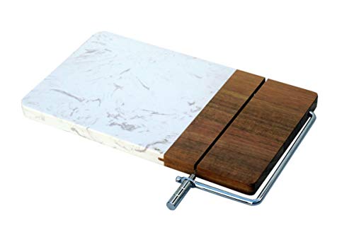 Pacific Coast Homegoods Cheese Server with Wire Slicer | Large, 11 x 6 in. | Natural Acacia Wood and Marble | Prepare and serve cheese platters with convenience and elegance! Includes replacement wire