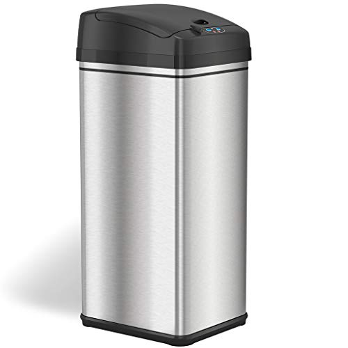 iTouchless 13 Gallon Stainless Steel Automatic Trash Can with Odor-Absorbing Filter and Lid Lock, Sensor Kitchen Garbage Bin, Power by Batteries (not included) or Optional AC Adapter (sold separately)