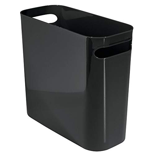 mDesign Slim Plastic Rectangular Small Trash Can Wastebasket, Garbage Container Bin with Handles for Bathroom, Kitchen, Home Office, Dorm, Kids Room - 10' High, Shatter-Resistant - Black
