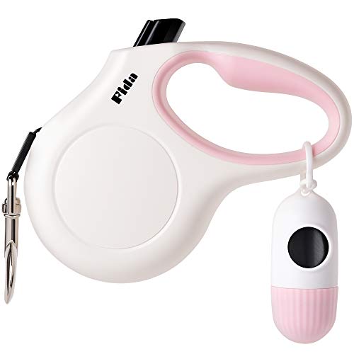 Fida Retractable Dog Leash with Dispenser and Poop Bags, 10 ft Pet Walking Leash for X-Small Dog or Cat up to 18 lbs, Anti-Slip Handle, Tangle Free, Reflective Nylon Tape (XS, White)