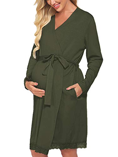 OURS Women's Robe Maternity Delivery Sleepwear Long Sleeve Nursing Nightgown Cotton Bathrobes (Army Green, M)