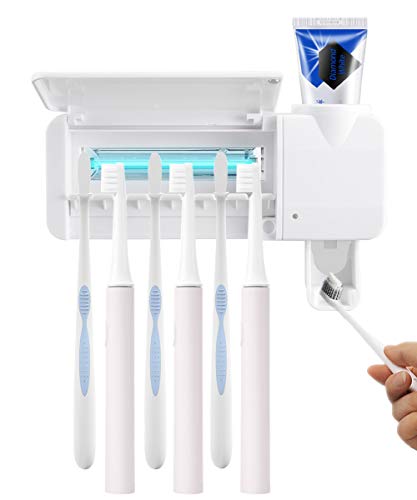 ROSA RUGOSA 4-in-1 LED Toothbrush Holder 3mins Eliminates up to 99.99% - Toothpaste Dispenser + 6 Toothbrush Holder for Women Kids Baby Bathroom (Built-in Battery)