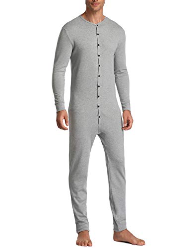 Lusofie Mens Thermal Underwear Union Suit Base Layer Henley Adult Onesie (Grey, L)