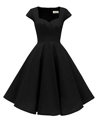 Hanpceirs Women's Cap Sleeve 1950s Retro Vintage Cocktail Swing Dresses with Pocket Black L New