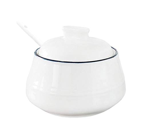 FUYU Simple White Ceramic Sugar Bowl Spice Jar with Lid and Spoon Seasoning Box Condiment Pot
