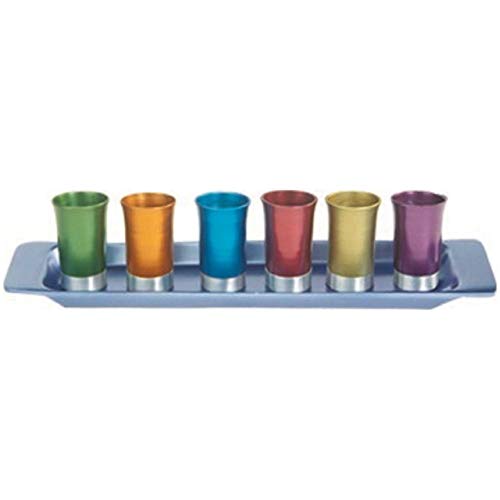 Yair Emanual Set of 6 Small Kiddush Goblets Cups with Tray Aluminum Multicolor Judaica (GS-6A)