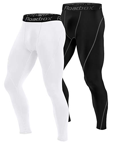 Roadbox Men’s Compression Pants 2 Pack, Workout Warm Dry Cool Sports Leggings Tights Baselayer (Black, White, Large)