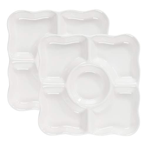 2-Pack Porcelain Appetizer Serving Tray - 5-Compartment Square Divided Serving Platter with Scalloped Rim for Parties, Chips & Dip, Snacks - 9.5 x 9.5 x 1 Inches, White
