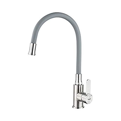 Ibergrif, Grey Kitchen Tap with Universal Flexible Spout, Monobloc Sink Mixer, Brushed Stainless Steel