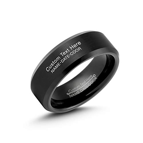 LerchPhi Mens 8mm Black Tungsten Carbide Ring Matte Brushed with Bevelled Edge Free Personalized Custom Name Date Coordinates Engrave Supported Comfort Fit Wedding Band