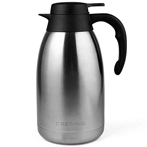 Cresimo 68 Oz Stainless Steel Thermal Coffee Carafe / Double Walled Vacuum Flask / 12 Hour Heat Retention / 2 Liter Tea, Water, and Coffee Dispenser