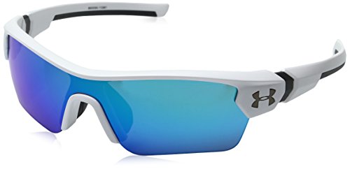 Under Armour Kids' Menace Wrap Sunglasses, SATIN WHITE/GRAY WITH BLUE MIRROR, 58 mm
