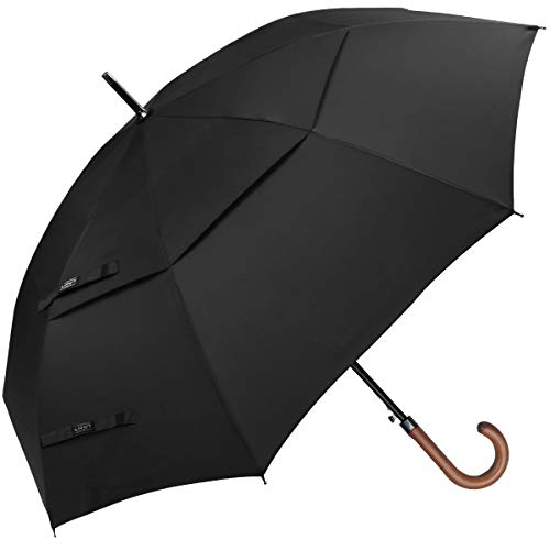 G4Free Wooden J Handle Classic Golf Umbrella Windproof Auto Open 52 inch Large Oversized Double Canopy Vented Rainproof Cane Stick Umbrellas for Men Women (Black)