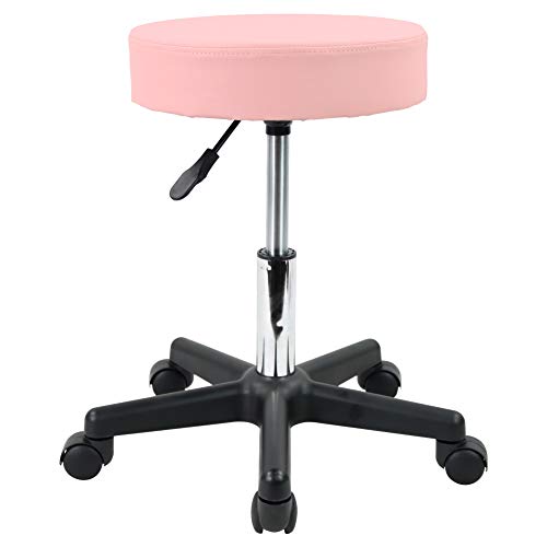 KKTONER Round Rolling Stool PU Leather Height Adjustable Swivel Drafting Work SPA Medical Salon Stools Chair with Wheels (Pink)