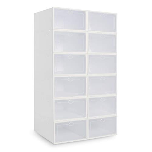 Pinkpum Stackable Shoe Boxes 12.4×8.8×5.3 inches Plastic Clear Shoe Storage, Need to Assemble Yourself, 12 pack, White