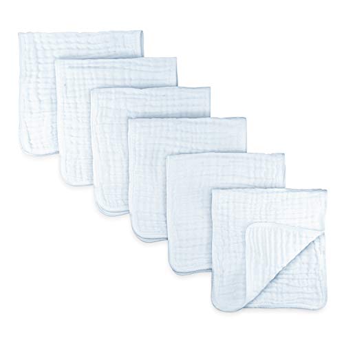 Muslin Burp Cloths 6 Pack Large 100% Cotton Hand Washcloths 6 Layers Extra Absorbent and Soft (White, Pack of 6)