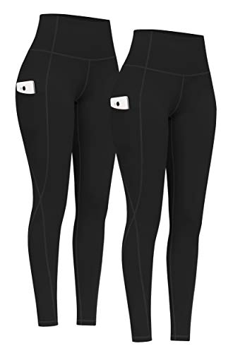 PHISOCKAT 2 Pack High Waist Yoga Pants with Pockets, Tummy Control Yoga Pants for Women, Workout 4 Way Stretch Yoga Leggings (Black+Black, X-Large)