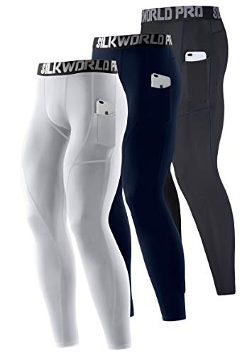 SILKWORLD Men's 1~3 Pack Compression Pants Pockets Dri Fit Gym Leggings Baselayer Running Tights (Medium, Pack of 3: Dark Navy,Black(Blue Double Stripe),White)