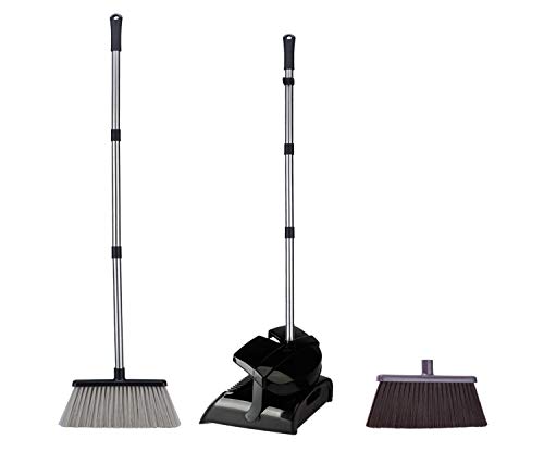 iHomey Broom Dustpan Set with Lid, 48' Length Stainless Steel Handle Include 2 Brooms Head for Home Kitchen Room Office Lobby Floor Use (Black)