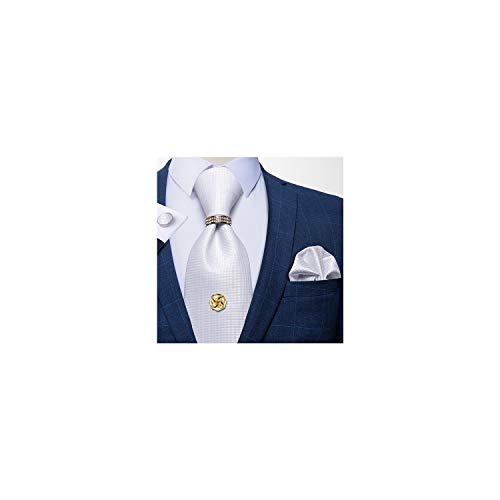 DiBanGu Silk Solid White Gift Necktie for Men Gold Tie Tack with Chain Gold Tie Ring Pocket Square Cufflinks Set Formal