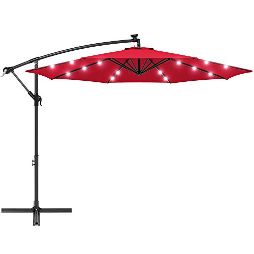 Best Choice Products 10ft Solar LED Offset Hanging Market Patio Umbrella for Backyard, Poolside, Lawn and Garden w/Easy Tilt Adjustment, Polyester Shade, 8 Ribs - Red