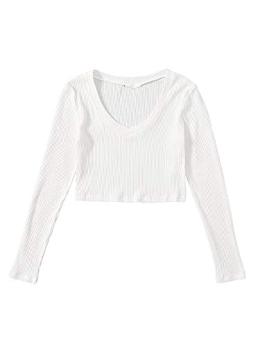Verdusa Women's Long Sleeve V Neck Rib Knit Crop Tee T Shirt White S