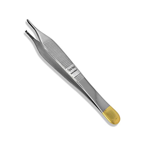 Cynamed T/C Adson Plastic Surgery Forceps 4.75' Straight Fine Point with Tungsten Carbide Inserts Surgical Veterinary Instruments with Gold Handle (1X2 Teeth, Adson Tissue Forceps, TC)