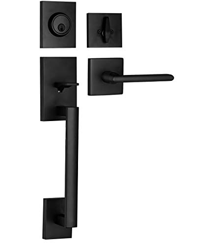 Berlin Modisch HandleSet Front Door Entry Handle and Deadbolt Lock Set Slim Square Single Cylinder Deadbolt and Lever Reversible for Right & Left Sided Doors Heavy Duty – Iron Black Finish