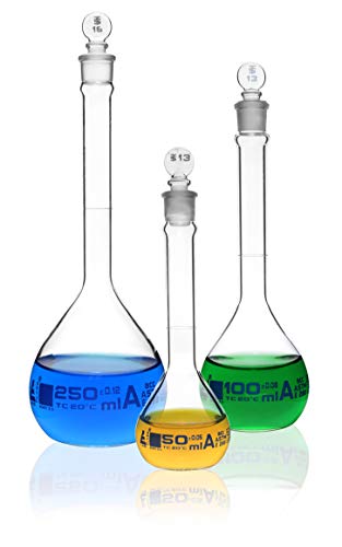 Premium Volumetric Flask Set - 50ml, 100ml & 250ml - Class A, ASTM E288 - Superior Durability & Chemical Resistance - Glass Penny Stoppers - Borosilicate 3.3 Glass - Eisco Labs