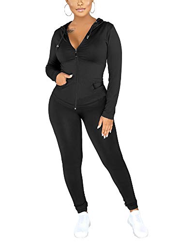 Sweat Suits for Women Set - Casual Slim Fit Long Sleeve Jacket Tops and Skinny Pants Tracksuit Set Small Black