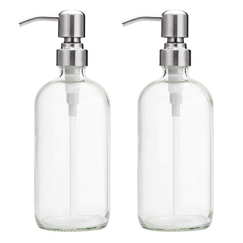 AmazerBath 2-Pack Soap Dispensers, 16 OZ Clear Glass Soap Bottles with Stainless Steel Pump Hand Soap Lotion Dispensers for Bathroom and Kitchen