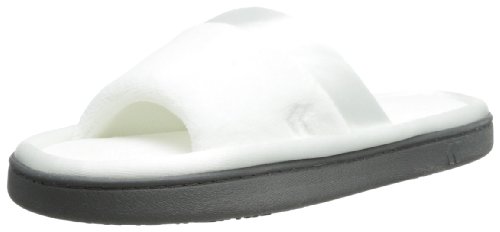 isotoner Women's Microterry Slide Slipper with Satin Trim, White, 7.5/8