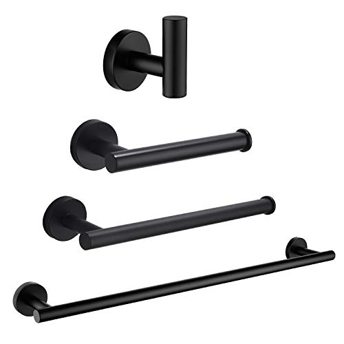 Nolimas 4-Pieces Set Matte Black Bathroom Hardware Set SUS304 Stainless Steel Round Wall Mounted - Includes 24'&13.5' Hand Towel Bar,Toilet Paper Holder, Robe Towel Hooks,Bathroom Accessories Kit