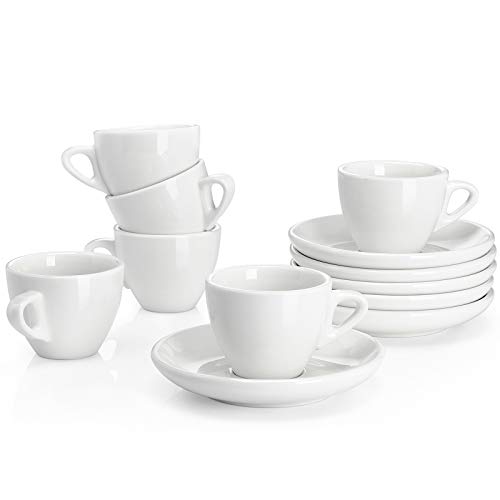 Sweese 401.001 Porcelain Espresso Cups with Saucers - 2 Ounce - Set of 6, White