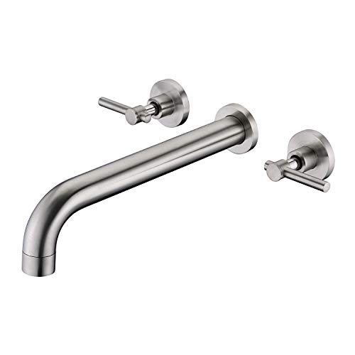 Wall Mount Tub Filler Faucet Brushed Nickel High Flow Bathtub Faucet Two Handles Solid Brass, Long Spout Reach, sumerain