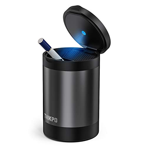 THIKPO Car Ashtray, Portable Ashtray, Detachable Stainless Steel Smokeless Ash Tray with Lid, LED Blue Light, Windproof for Outdoor Travel, Home Use