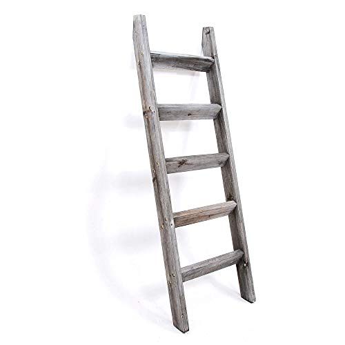 Blanket Ladder 5 ft. Premium Wood Rustic Decorative Quilt Ladder. Gray White Vintage Wooden Decor. Throw Blankets Holder Rack