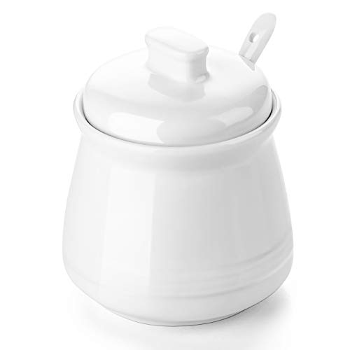 DOWAN Porcelain Sugar Bowl, 12 Ounce Large Sugar Bowl with Lid, Sugar Jar with Spoon and Lid, Salt Server Salt Container, Coffee Bar Accessories, White, 12 Ounces