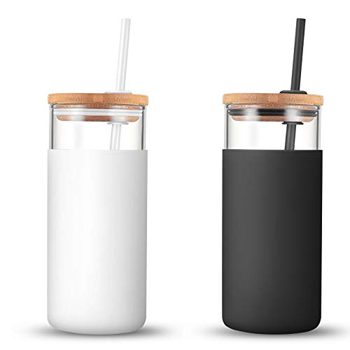 Tronco 20oz Glass Tumbler Glass Water Bottle Straw Silicone Protective Sleeve Bamboo Lid - BPA Free (White Black)