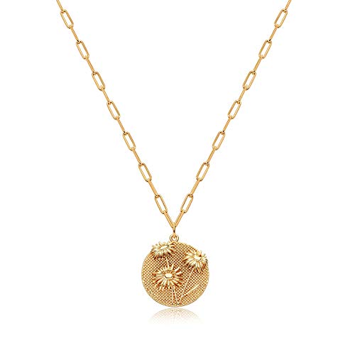 Mevecco Bold Daisy Birth Month Flower Pendant Necklace for Women 18K Gold Plated Embossed Disk Karma Circle Pendant Rectangle link Chain Coin Necklace Meaningful Gift Personalized Everyday Jewelry