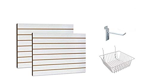 White Slatwall Panels Organizer Kit - Includes (2) - 24' x 48' White Slatwall Panels plus (15) - 6' White Slatwall Hooks and (4) 12' x 12' x 4' White Baskets