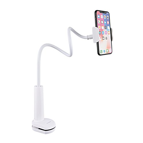 Tryone Gooseneck Phone Holder, Flexible Long Arm Mount Stand Compatible with Smartphones, Max Width 3in, Overall Length 27.5in(White)