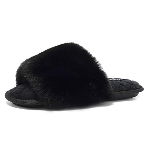FANTURE Women's Furry Faux Fur Slippers Cozy Memory Foam House Slippers Soft Comfy Flat Slide Sandals Indoor Outdoor Slip on-U419WMT035-Black05-38-39