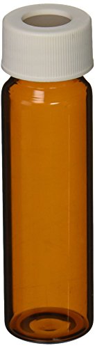 JG Finneran 9A-103-3 Amber Borosilicate Glass Precleaned and Certified VOA Vial with White Polypropylene Open Top Closure and 0.125' PTFE/Silicone Septa, 24-414mm Cap Size, 40mL Capacity (Pack of 100)