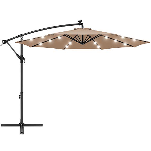 Best Choice Products 10ft Solar LED Offset Hanging Market Patio Umbrella for Backyard, Poolside, Lawn and Garden w/Easy Tilt Adjustment, Polyester Shade, 8 Ribs - Tan